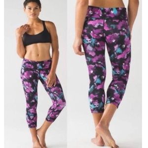 Lululemon Wunder Under Pant Hi-Rise Crop Midnight Bloom Black Fuschia Leggings 8